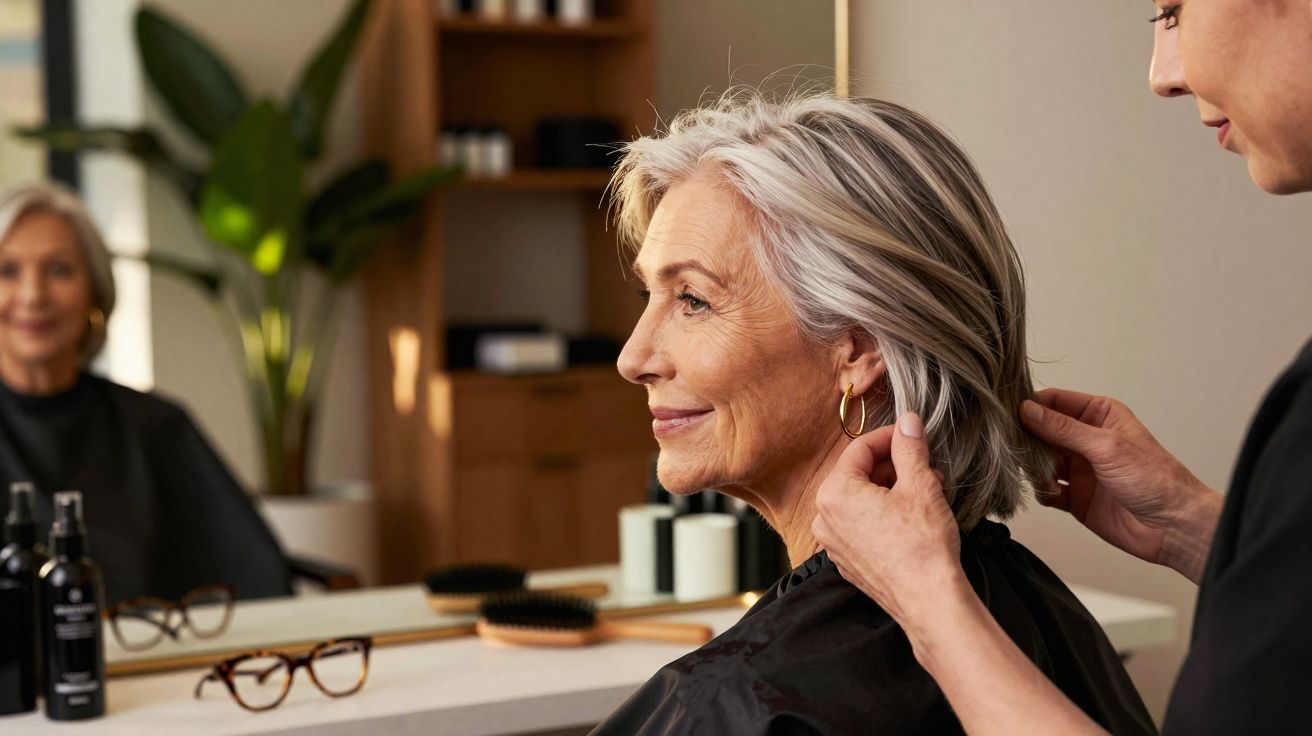 Mulher sénior com cabelo cinza curto a ser penteada num salão de cabeleireiro, sorrindo tranquilamente.