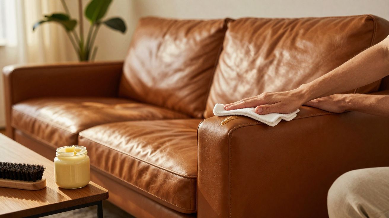 Pessoa a limpar um sofá de pele castanha com um pano branco, com creme e escova numa mesa próxima.