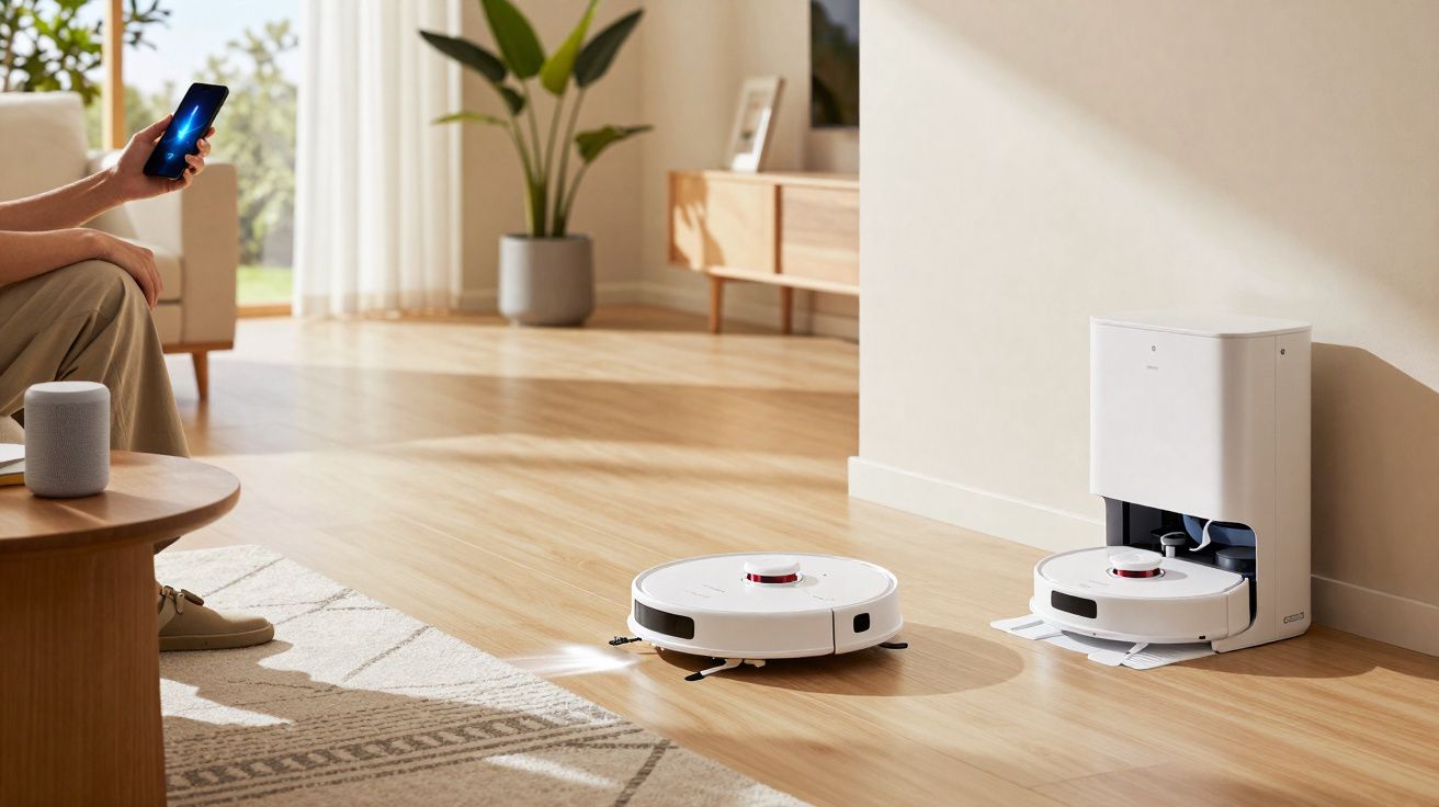 Pessoa a controlar aspirador robô branco com base automática num chão de madeira clara numa sala iluminada.