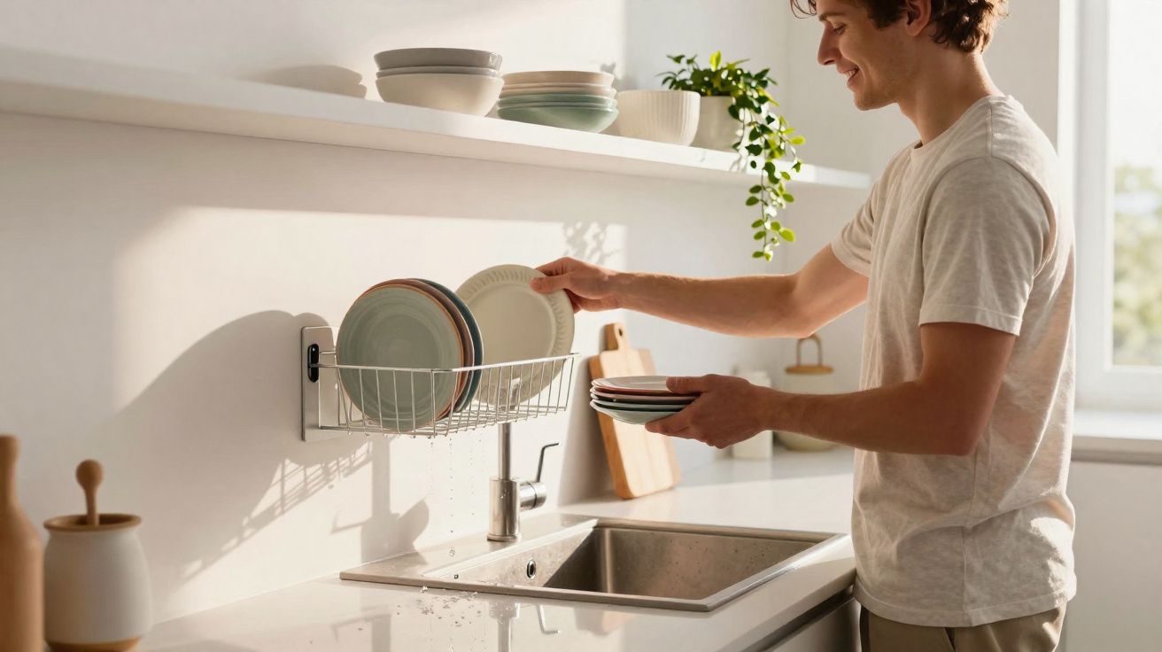Homem jovem a guardar pratos limpos num escorredor de loiça junto a uma pia na cozinha iluminada.
