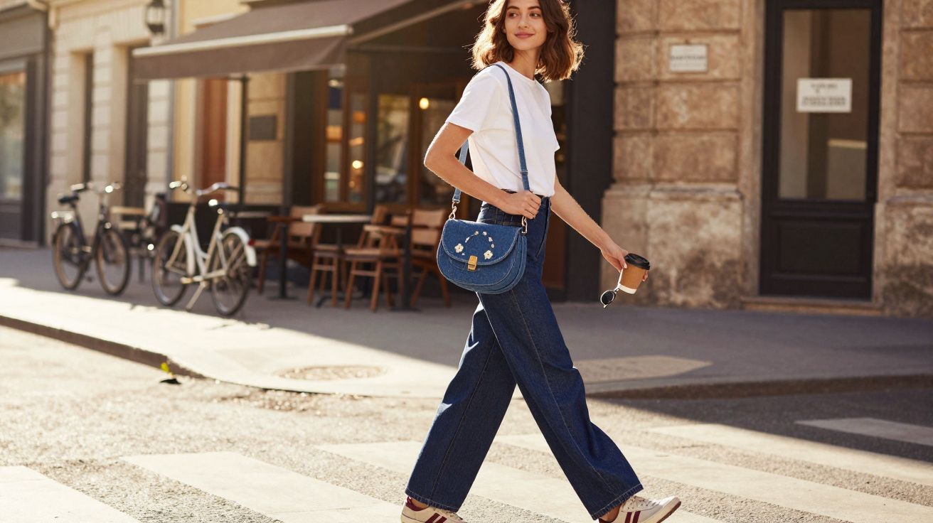Mulher jovem a atravessar a rua com calças largas, t-shirt branca, mala azul e café numa mão.