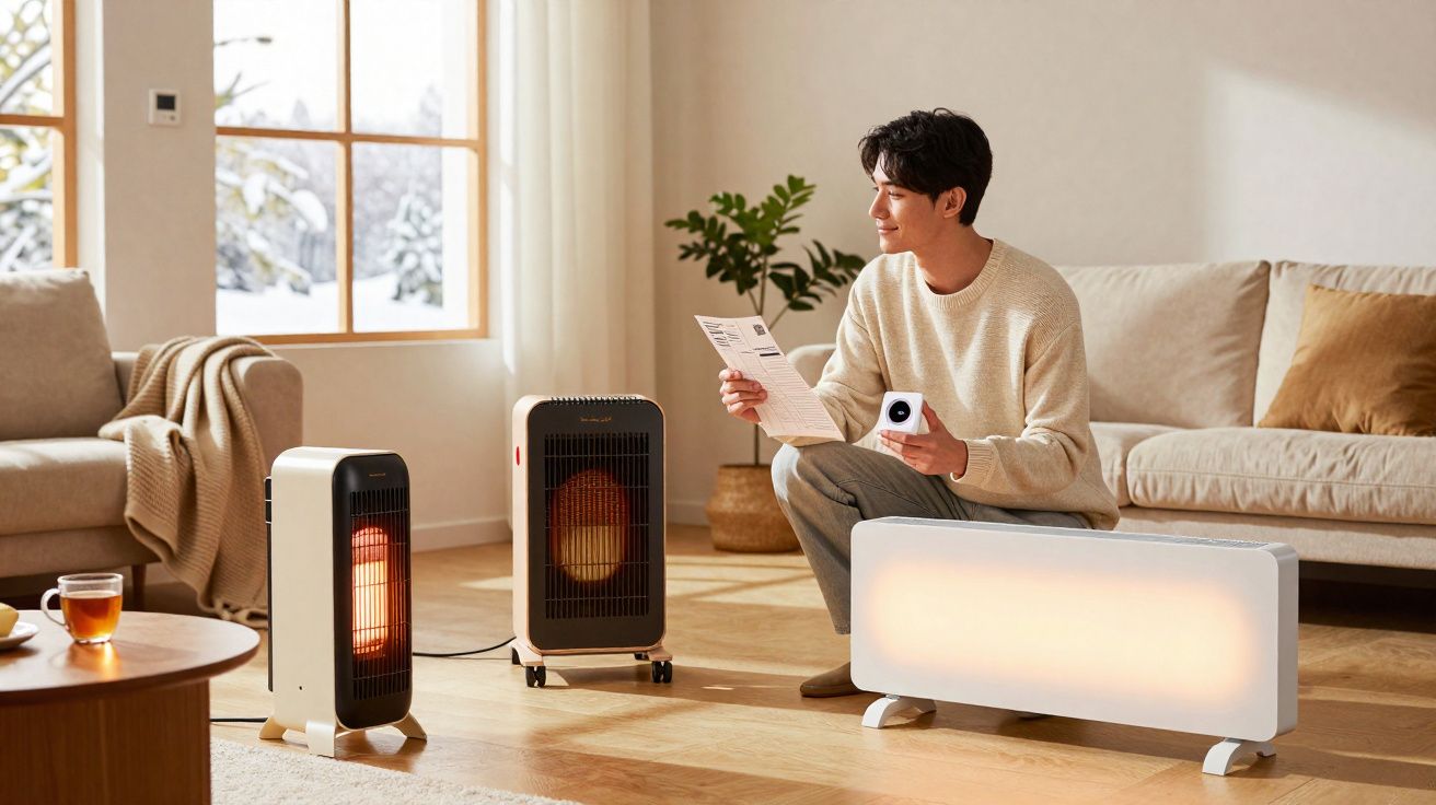 Homem sentado em sala iluminada com três aquecedores diferentes e chá numa mesa de centro.