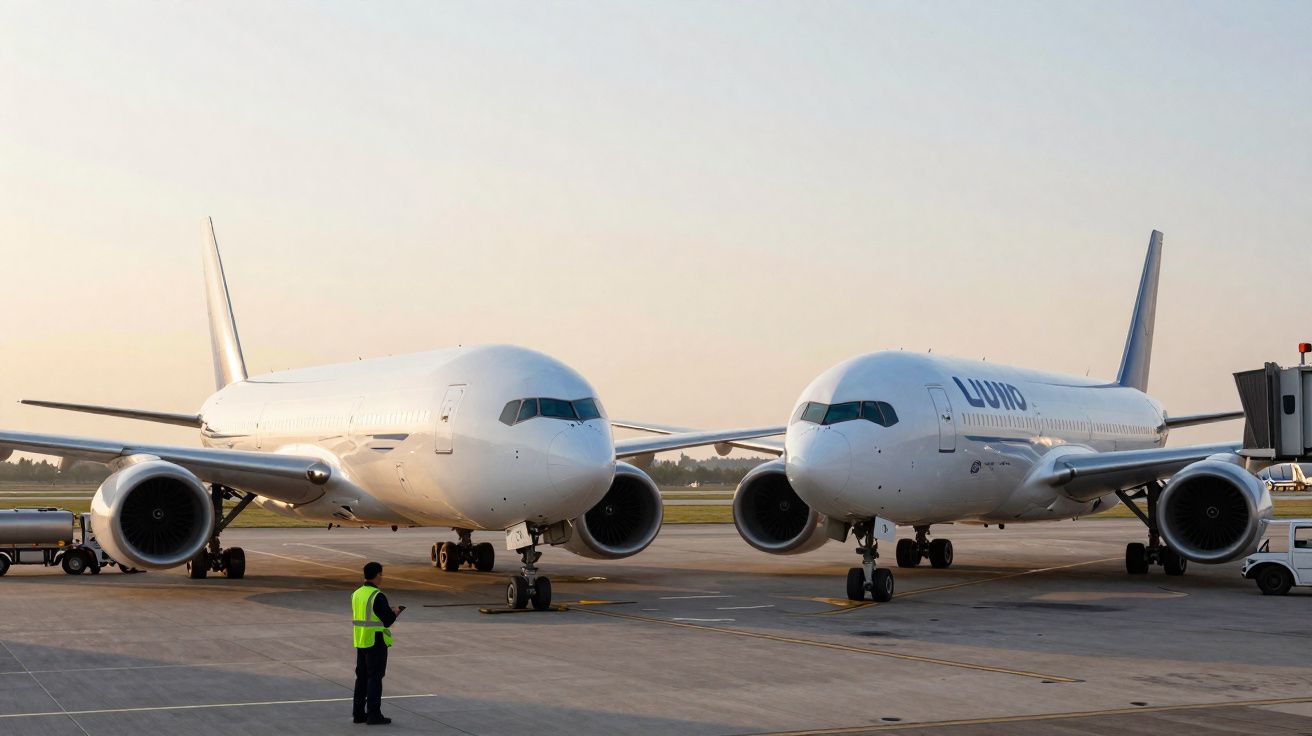 Dois aviões brancos estacionados lado a lado no aeroporto ao pôr do sol, com funcionário no chão.