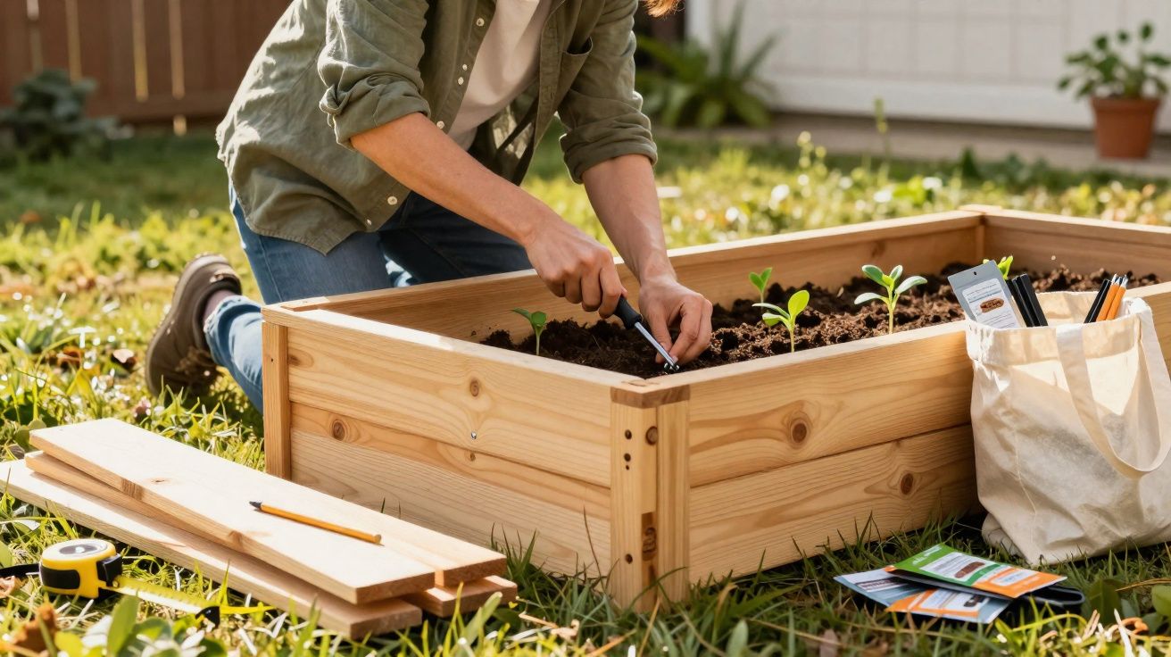 Pessoa a plantar sementes numa cama de madeira elevada num jardim com ferramentas e pacotes de sementes ao lado.