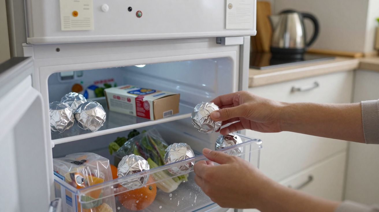 Mãos a guardar ovos envoltos em papel de alumínio na gaveta do frigorífico numa cozinha moderna.