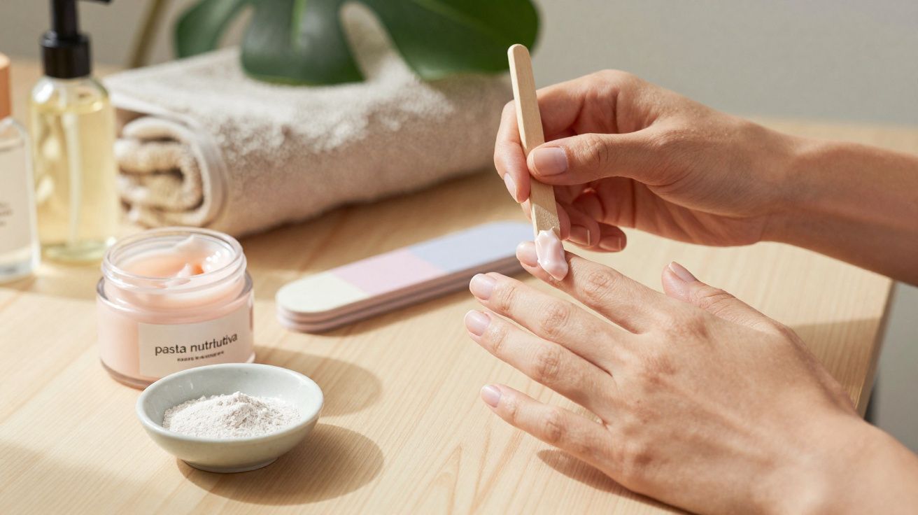 Mãos aplicam creme hidratante nas unhas com espátula, com produtos de manicure e toalha ao fundo.
