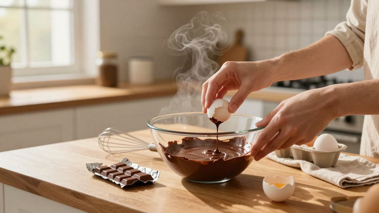 Pessoa a partir um ovo para misturar com chocolate derretido numa tigela de vidro na cozinha.
