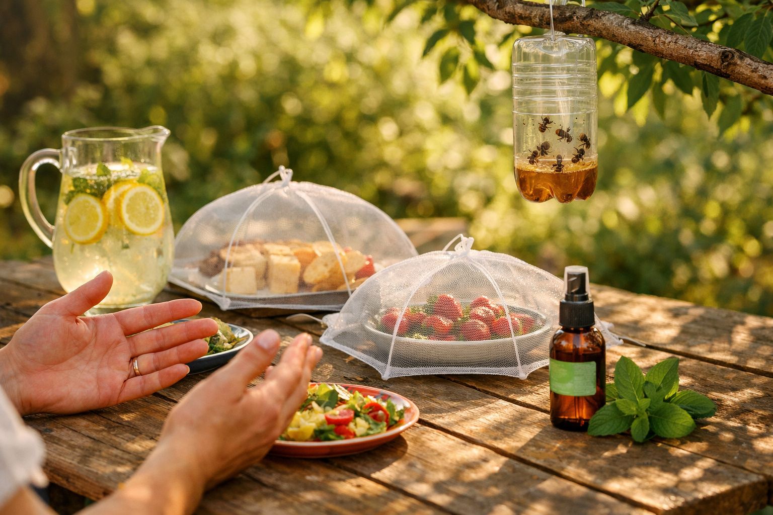 Mesa de madeira com frutas e salada protegidas por tampas mosquiteiras ao ar livre, junto a um jarro de limonada.
