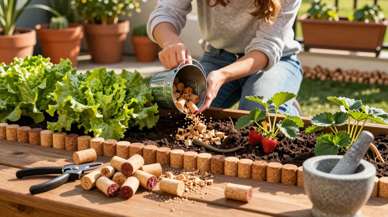 Pessoa a deitar bocados de rolhas num canteiro com alfaces e morangos num jardim caseiro.