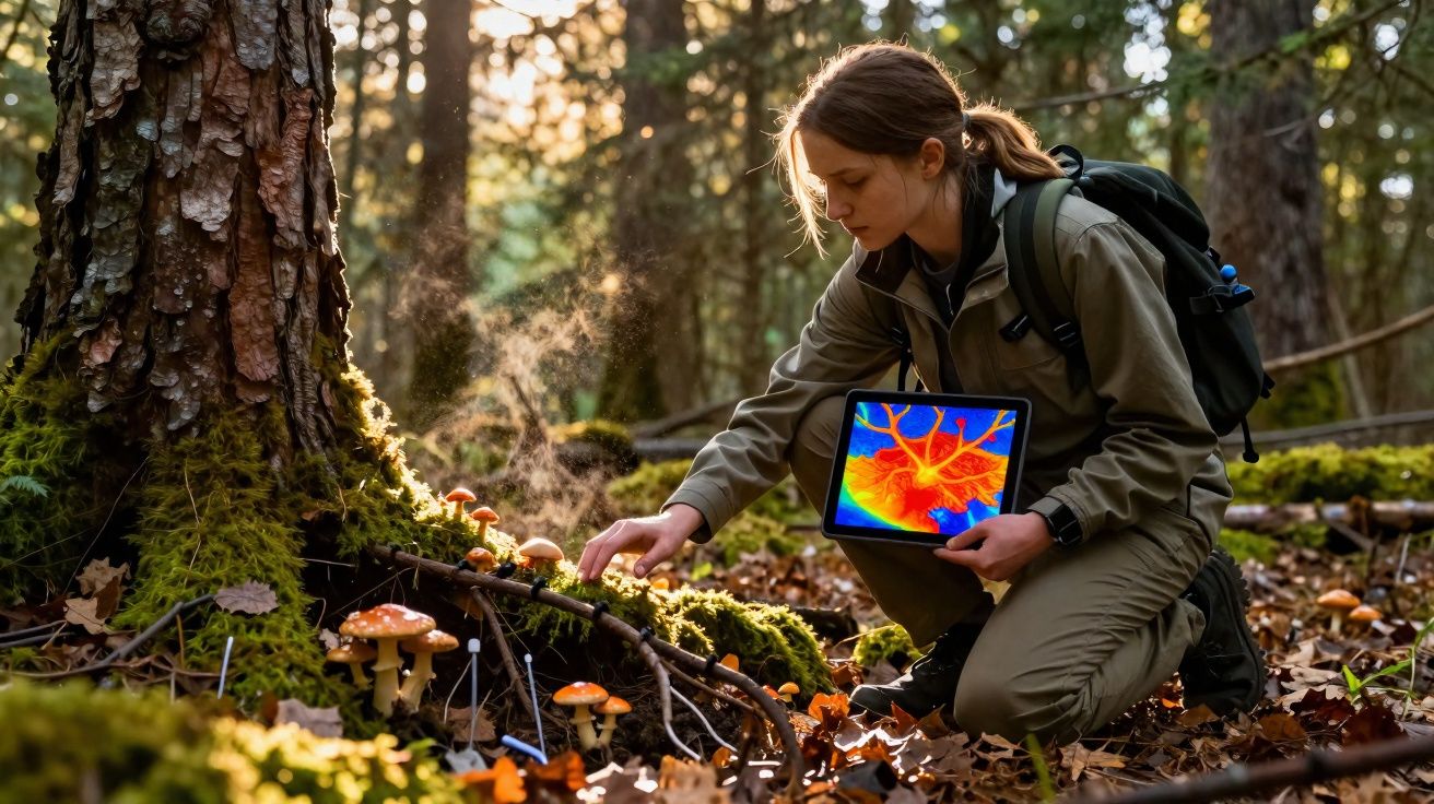 Mulher em floresta a analisar cogumelos junto a árvore, segurando tablet com imagem termográfica colorida.