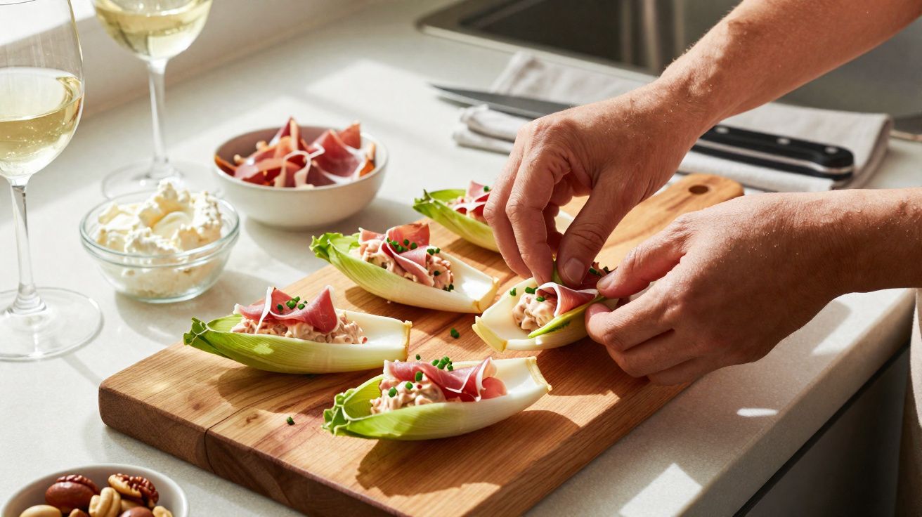 Mãos a preparar entradas com folhas de alface, recheio cremoso e fiambre numa tábua de madeira.