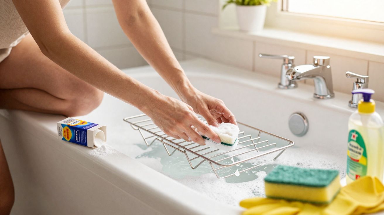 Pessoa a limpar com esfregão branco uma grade metálica em banheira cheia de água com espuma.