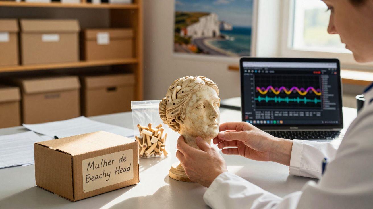 Pessoa analisa busto de mulher clássica em laboratório, com computador e caixa etiquetada ao lado.