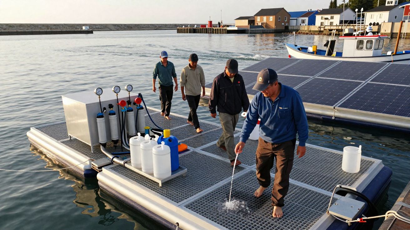 Quatro homens a trabalhar numa plataforma flutuante equipada com painéis solares num porto calmo.