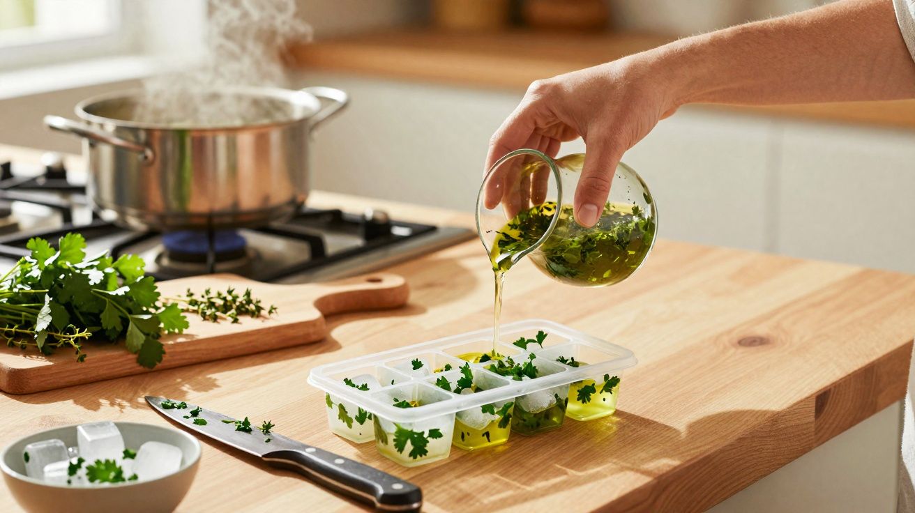 Mão a verter azeite com ervas em cubetas de gelo numa bancada de cozinha com fogão ao fundo.