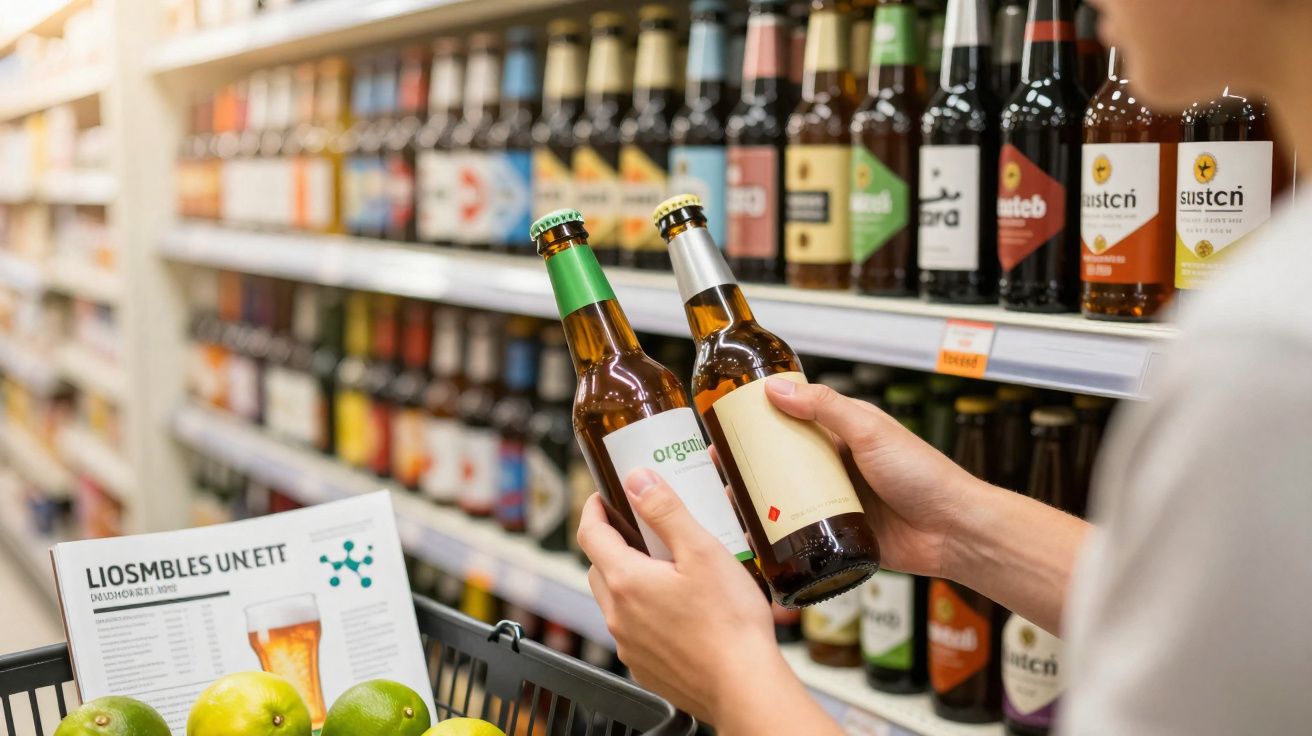 Pessoa a comparar duas garrafas de cerveja numa prateleira de supermercado.