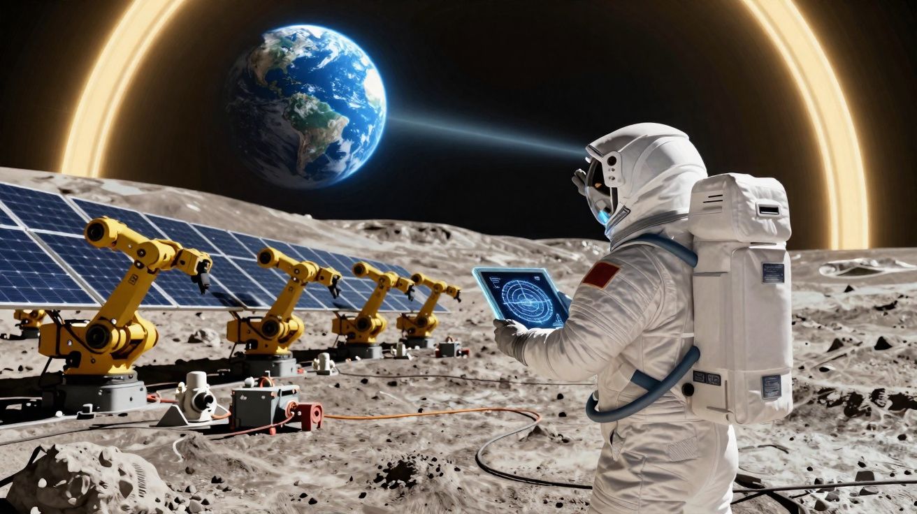 Astronauta na superfície lunar com braços robóticos, painéis solares e a Terra visível ao fundo.