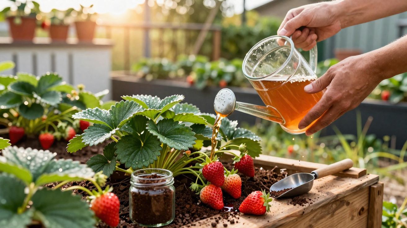 Pessoa a regar morangueiros plantados numa caixa de madeira num jardim ensolarado.