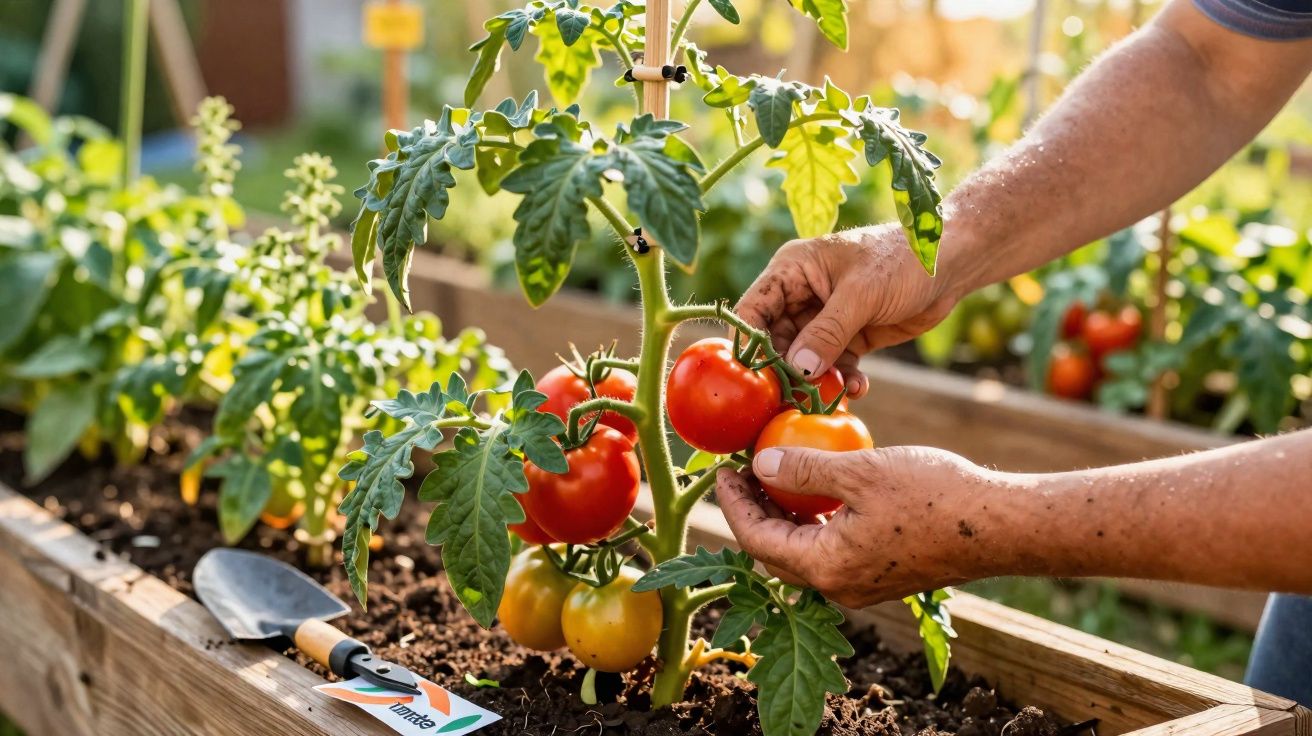 Pessoa a colher tomates maduros de uma planta em vaso de madeira num jardim ensolarado.