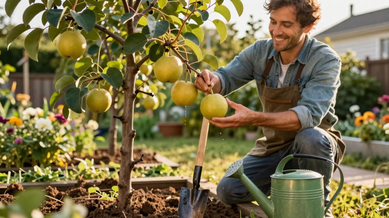 Homem sorridente a colher peras num jardim com regador e enxada ao lado.