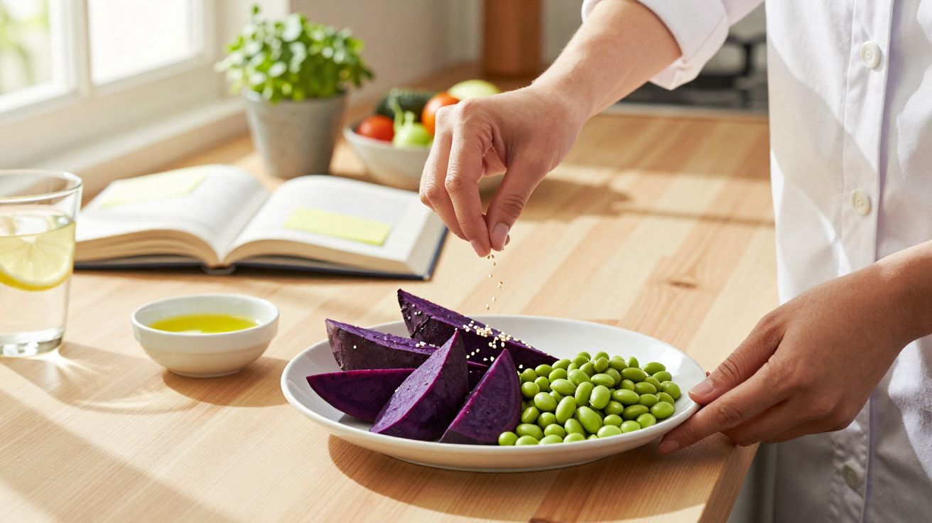 Pessoa temperando batata-doce roxa e edamame num prato branco numa cozinha iluminada.