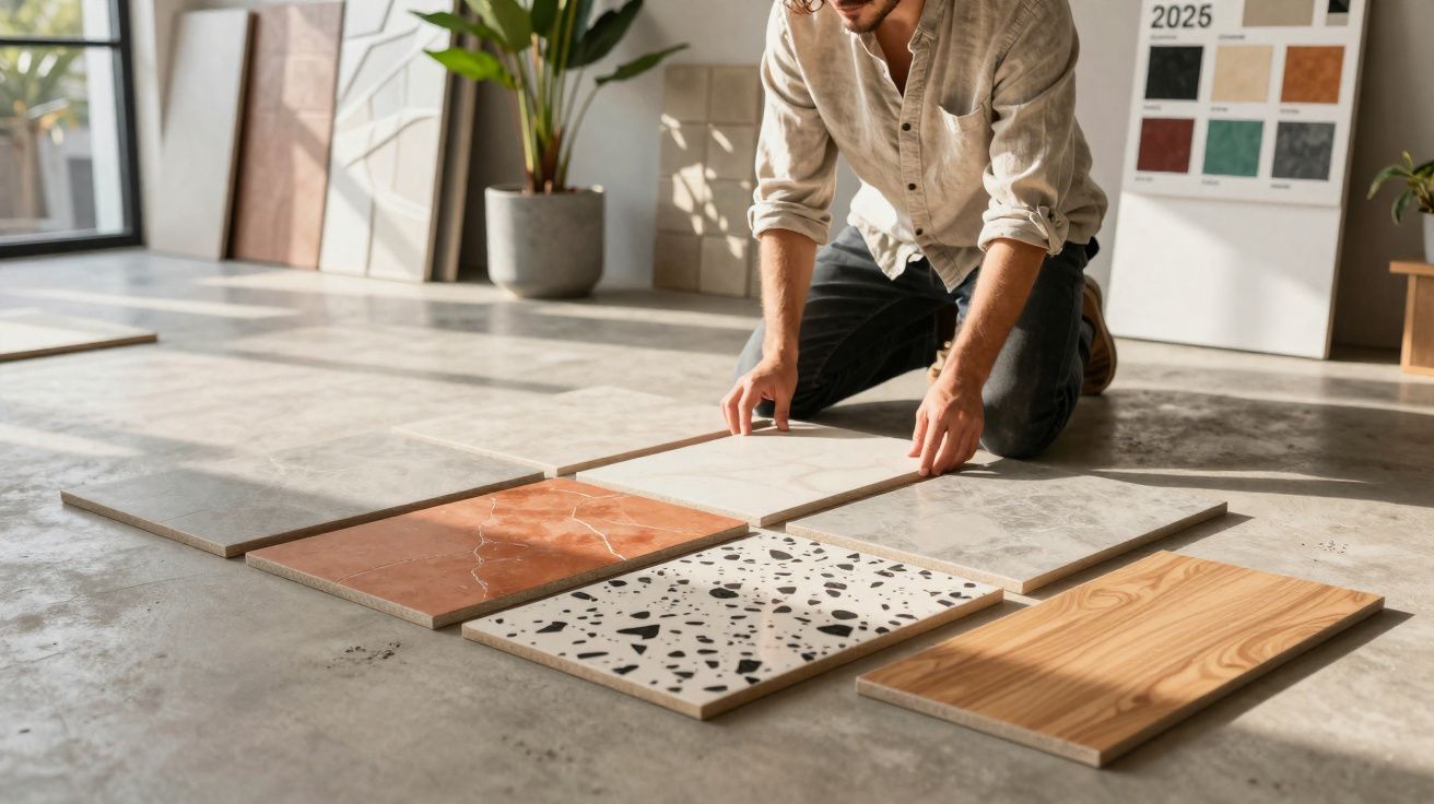 Pessoa ajoelhada a organizar amostras de pavimentos em diferentes materiais e padrões num chão de cimento polido.