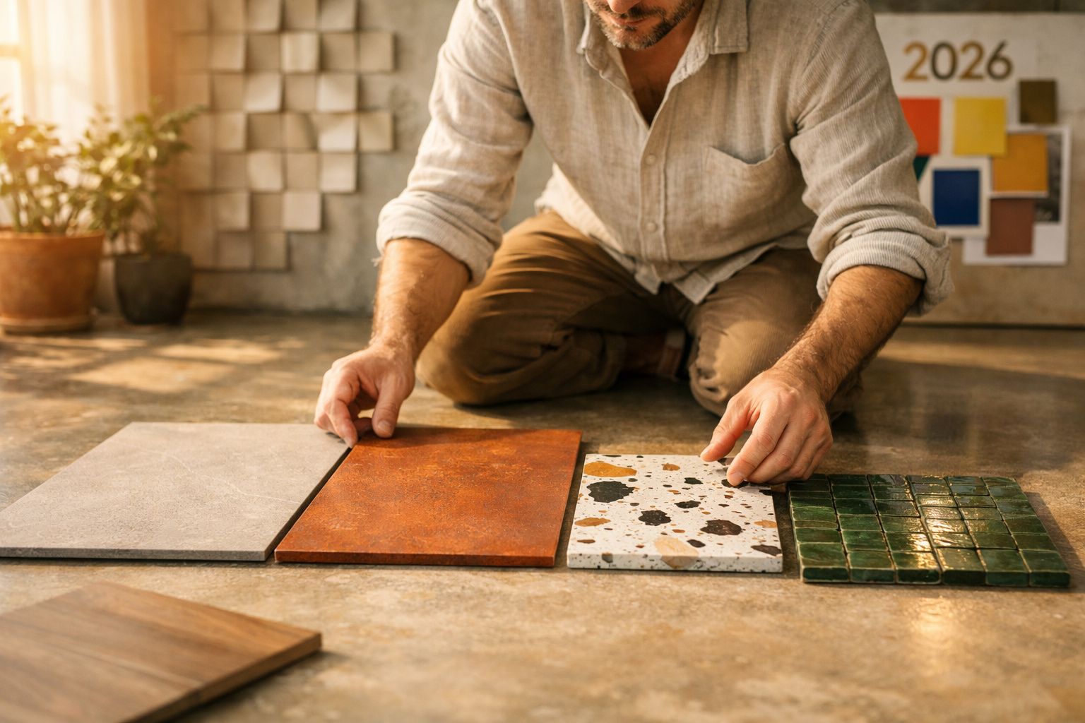 Pessoa a comparar e escolher entre diferentes tipos de azulejos para decoração de interiores.