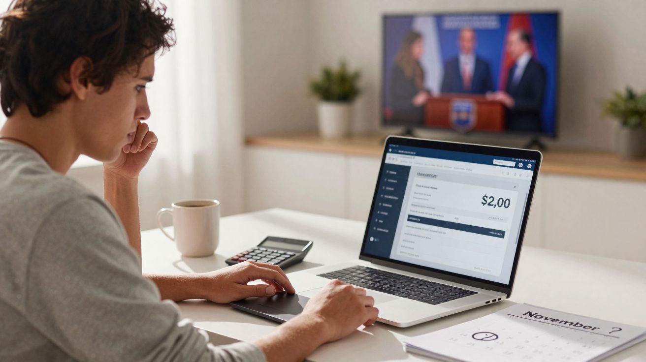 Jovem a trabalhar num computador portátil com cálculo financeiro e televisão ligada ao fundo.