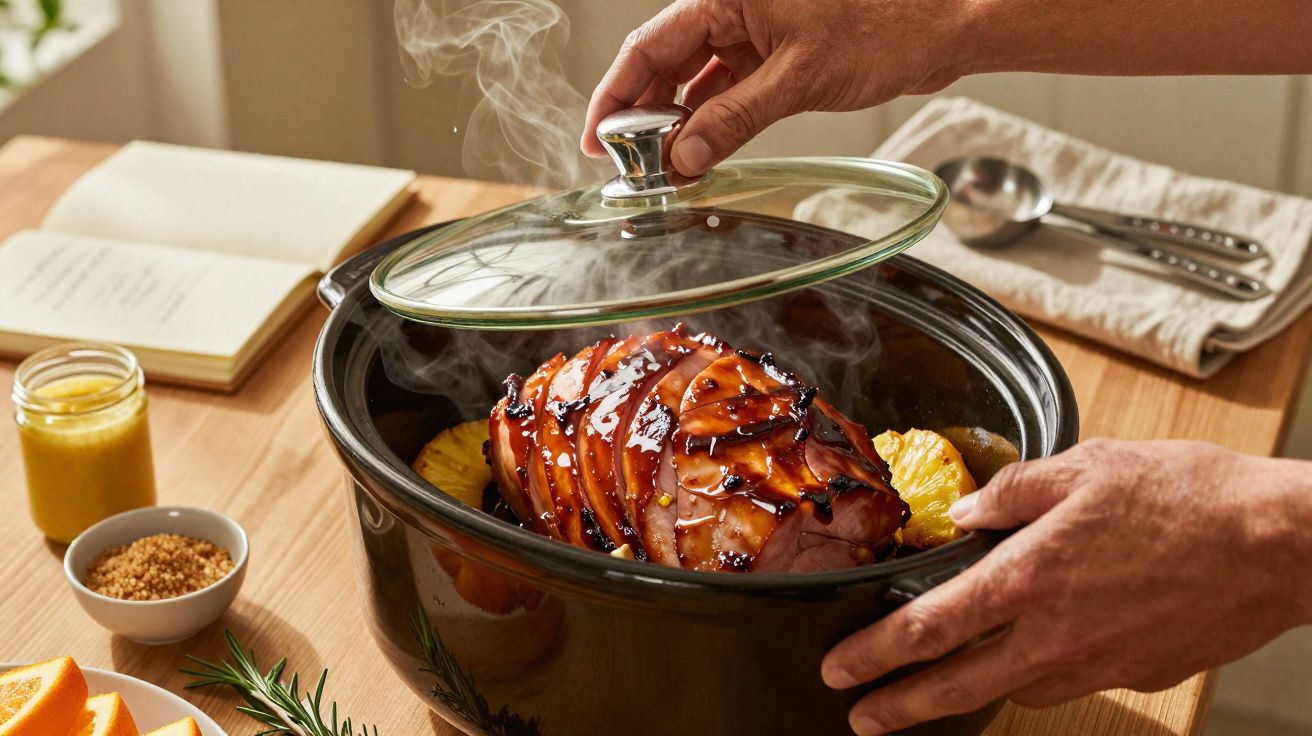 Pessoa a retirar tampa de panela com carne assada glaceada e fatias de ananás, com vapor a sair.