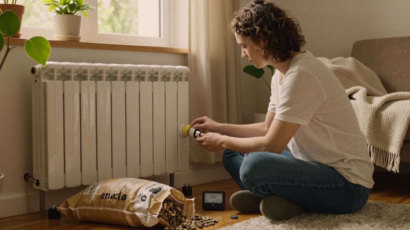 Pessoa sentada no chão a colocar pellets num termóstato junto a um radiador interior, com saco de pellets aberto.