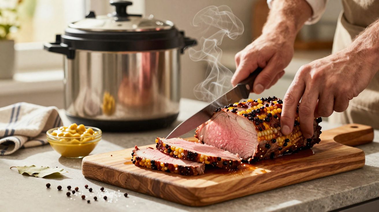 Pessoa a cortar carne quente com especiarias numa tábua de madeira numa cozinha iluminada.
