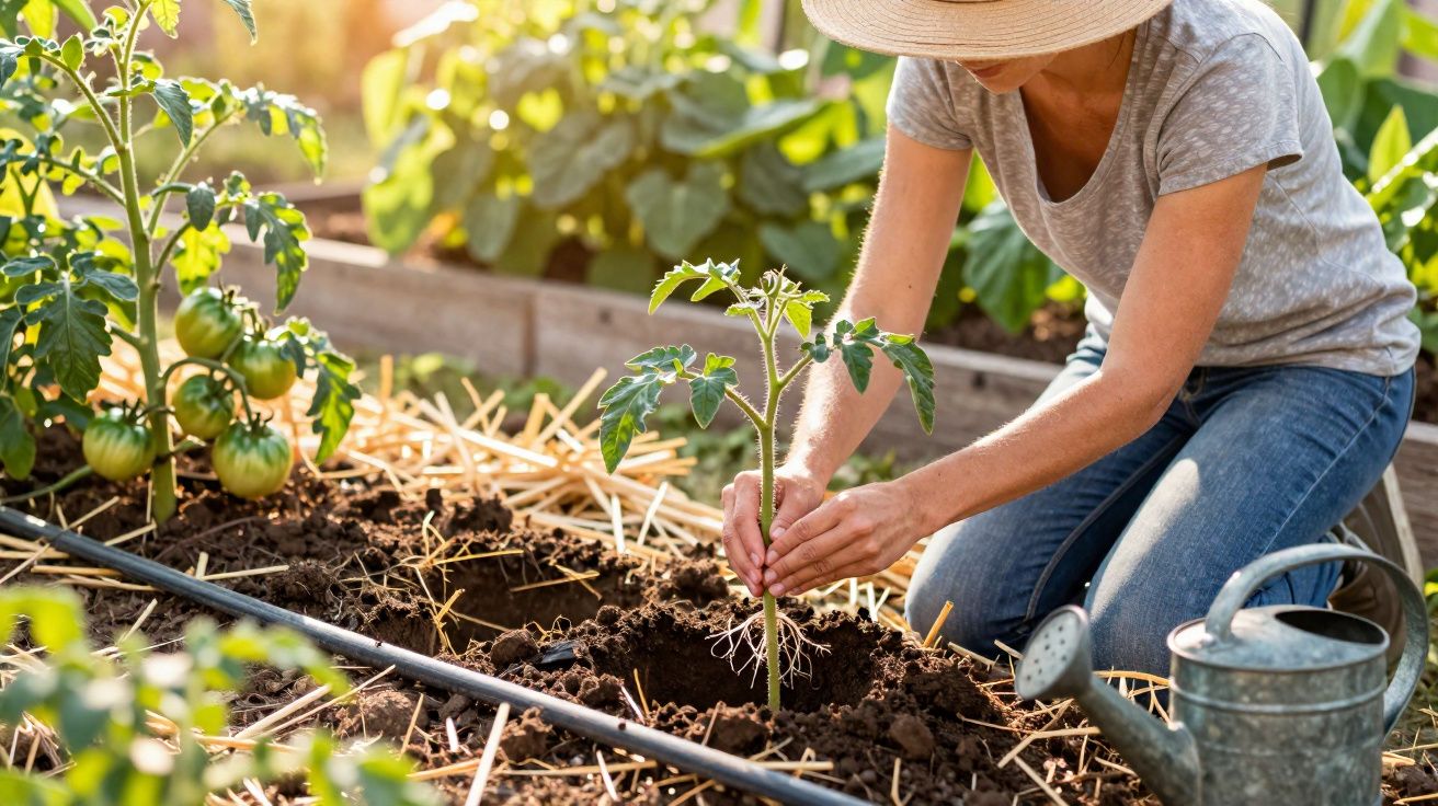 Pessoa a plantar muda de tomate num jardim com regador ao lado.