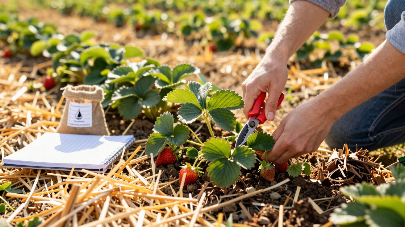 Pessoa a colher morangos maduros num cultivo protegido com palha, com caderno e saco ao lado.