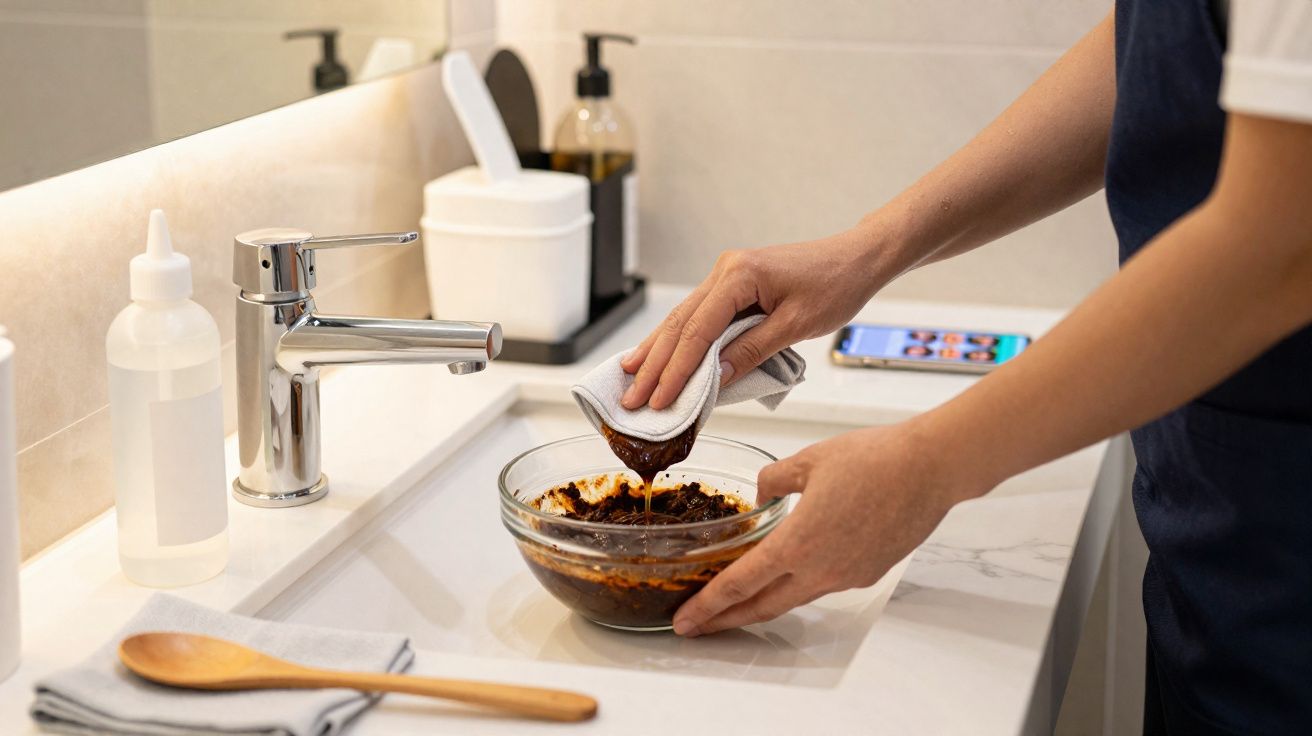 Pessoa a espremer pasta escura num recipiente de vidro num lavatório.