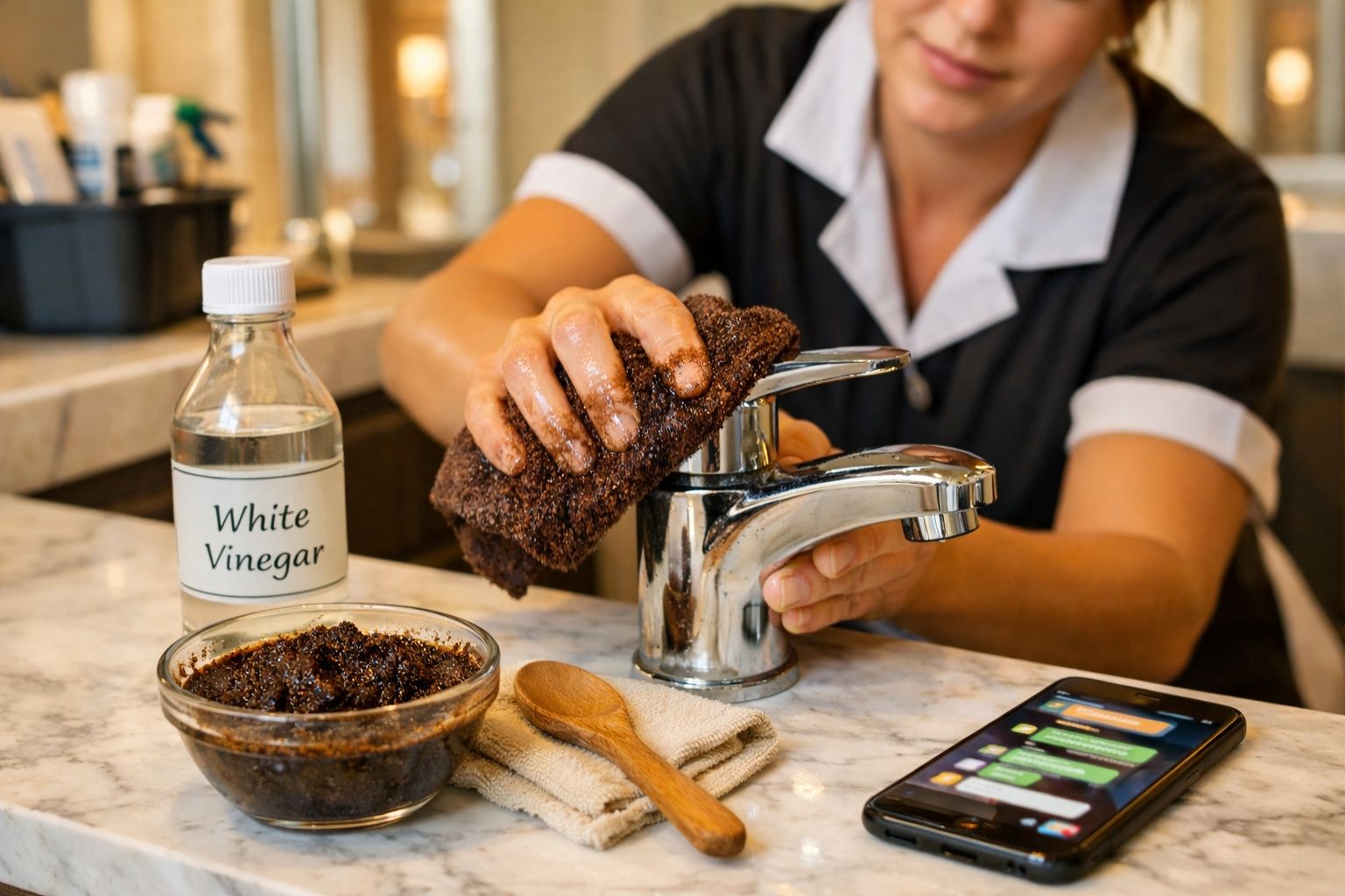 Pessoa a limpar uma torneira com esponja, vinagre branco e mistura caseira numa bancada de mármore.