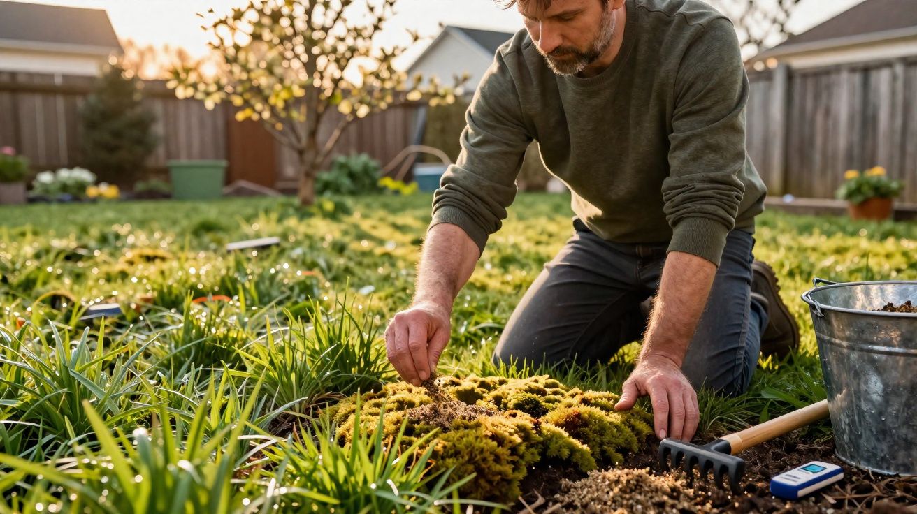 Homem ajoelhado a cuidar de plantas num jardim com ferramentas ao lado ao pôr do sol.