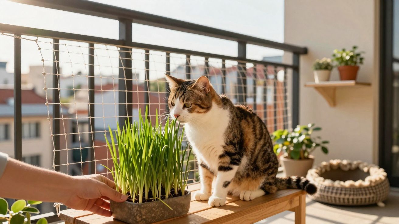 Gato tricolor sentado numa mesa de madeira numa varanda junto a um vaso de plantas e mão humana a tocar.