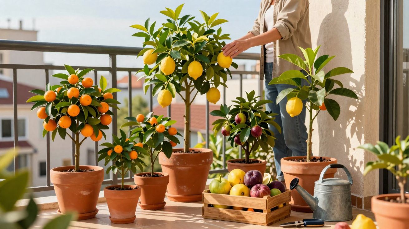 Pessoa a cuidar de plantas cítricas em vaso numa varanda com frutas variadas num caixote de madeira.