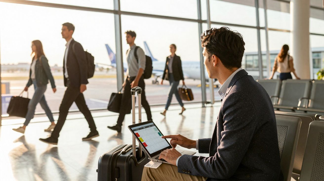 Homem sentado no aeroporto a trabalhar num portátil, com mala e pessoas a caminhar ao fundo.