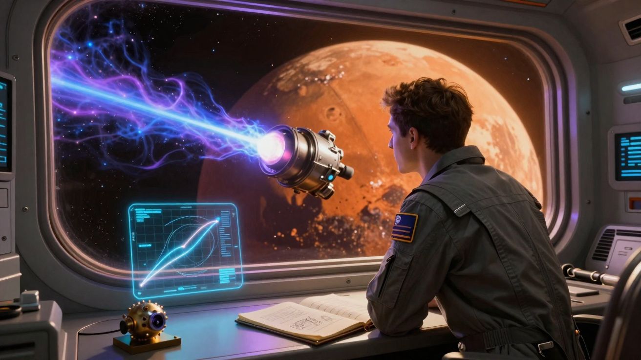 Jovem astronauta observa planeta vermelho e dispositivo tecnológico a emitir energia no espaço pela janela da nave.