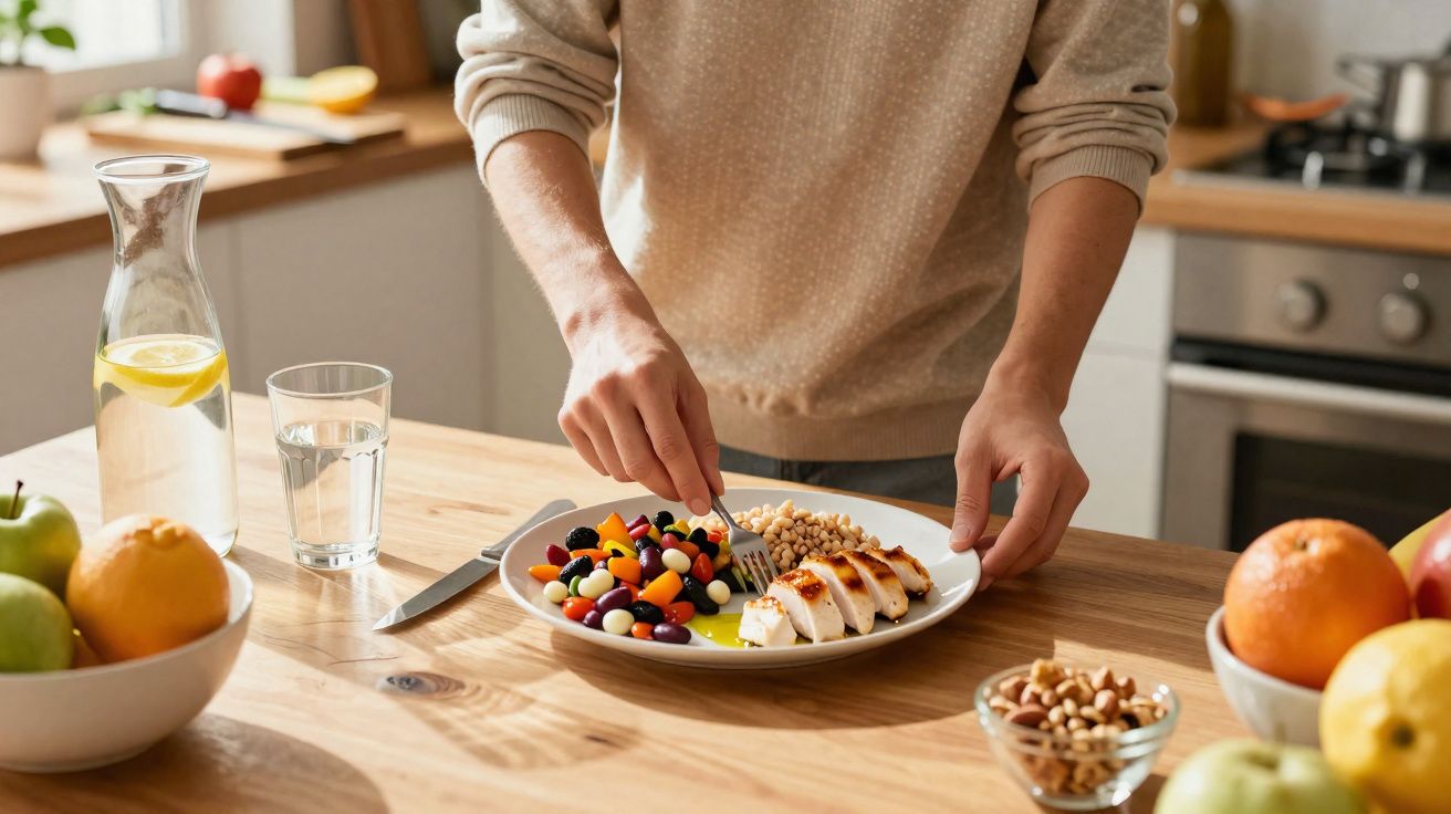 Pessoa a preparar prato com frango grelhado, salada de legumes e bebida numa cozinha iluminada.
