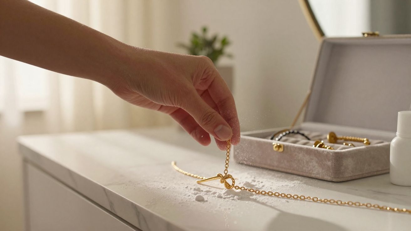 Mão feminina segura uma corrente dourada sobre uma superfície clara com caixa de joias ao fundo.