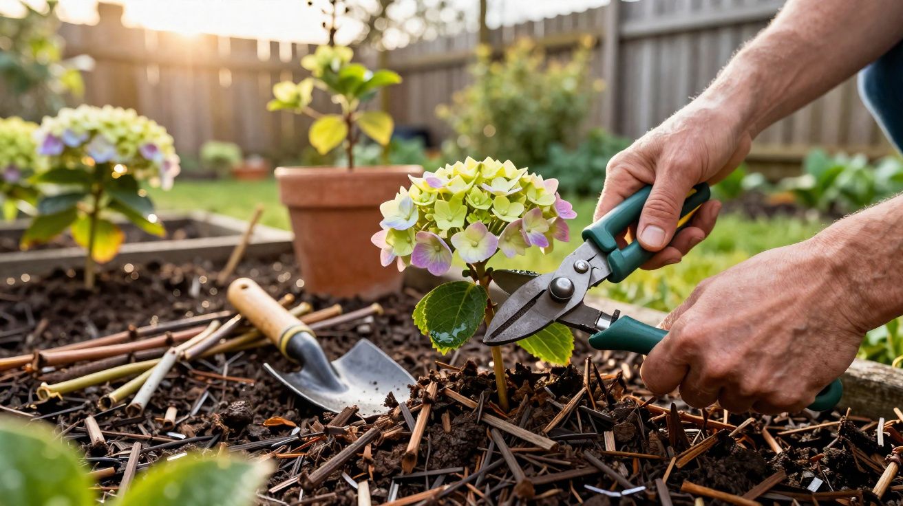 Mãos a podar planta com flores num jardim ensolarado, com ferramenta de jardinagem e vaso ao fundo.