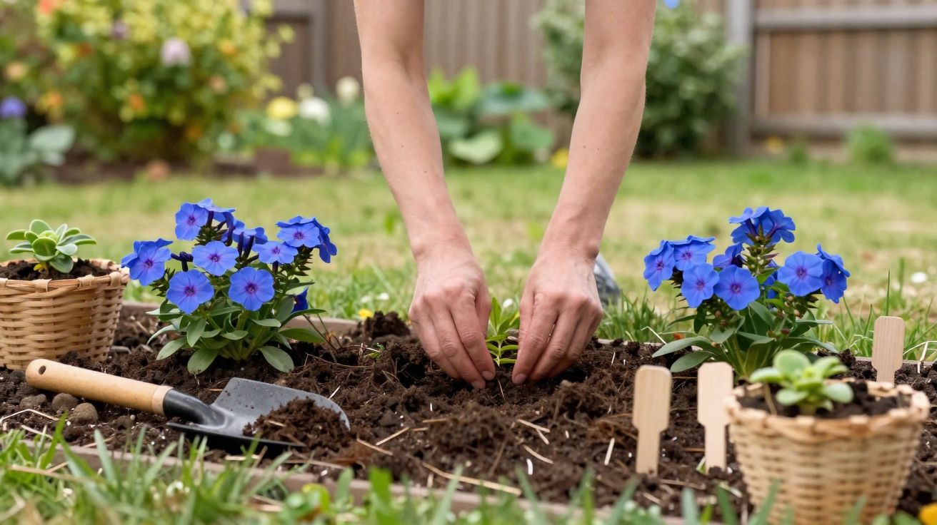 Mãos a plantar uma muda em canteiro com flores azuis e vasos de plantas em jardim.