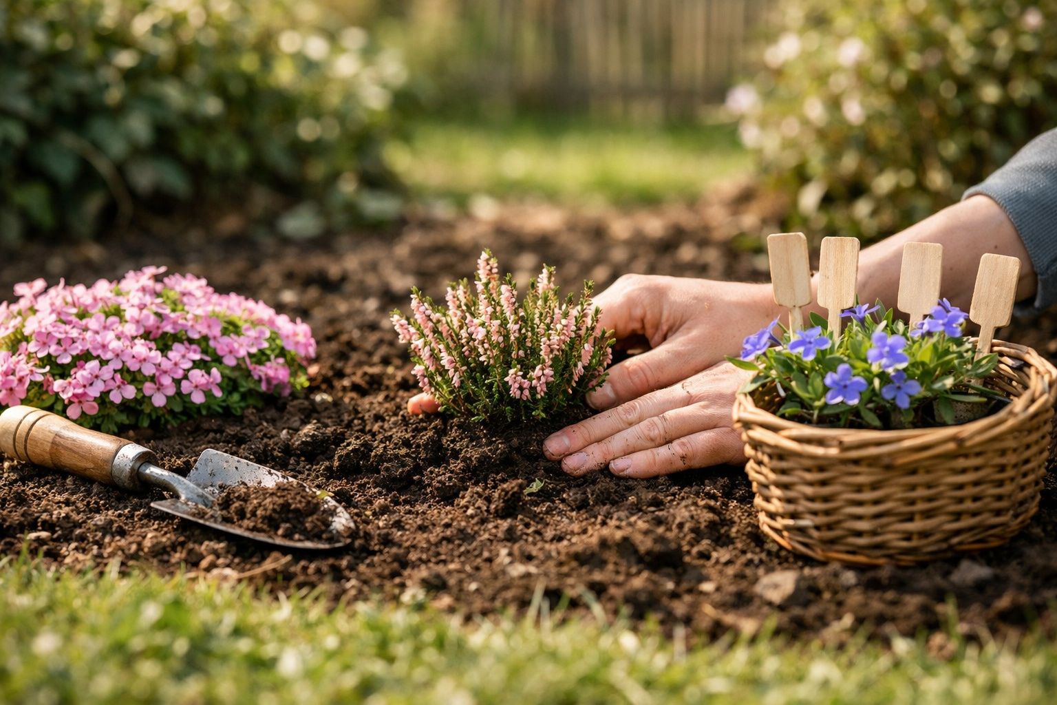 Mãos a plantar flor rosa numa horta com flores cor-de-rosa, azul e uma pequena pá de jardinagem.