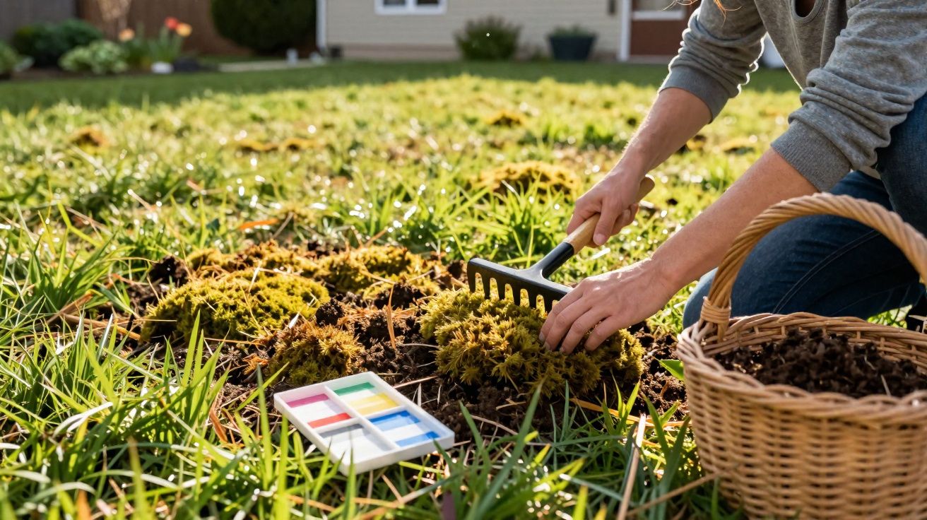 Pessoa a limpar musgo no jardim com ancinho, ao lado de cesto e paleta de aquarela sobre relva.