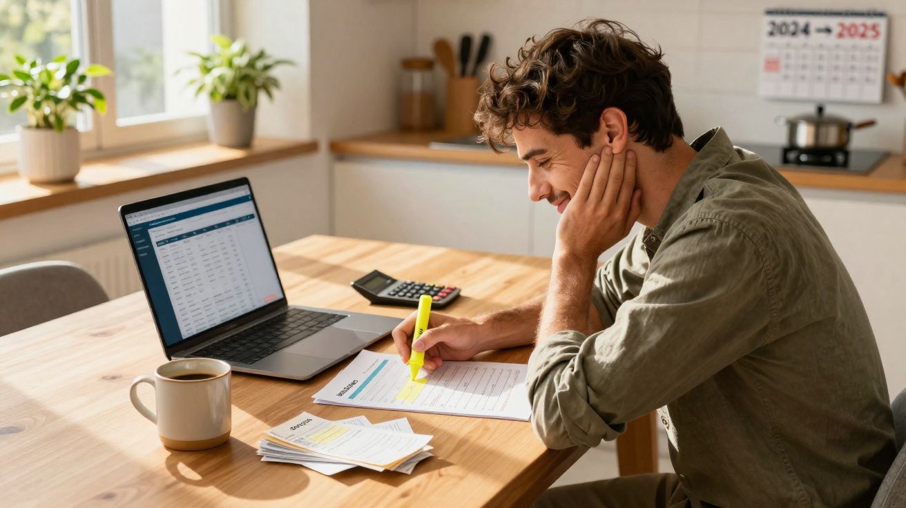 Homem a destacar informações em documentos numa mesa, com portátil, calculadora e chá numa cozinha iluminada.