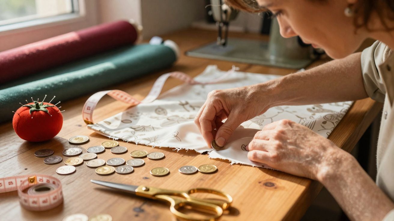Pessoa a marcar tecido com moeda para corte, junto a tesoura, fita métrica e alfineteira em mesa de costura.