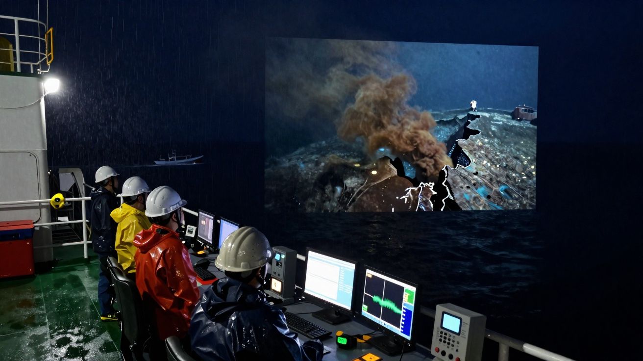 Equipa a bordo de navio a monitorizar imagem subaquática de destroços com fumo no mar à noite.