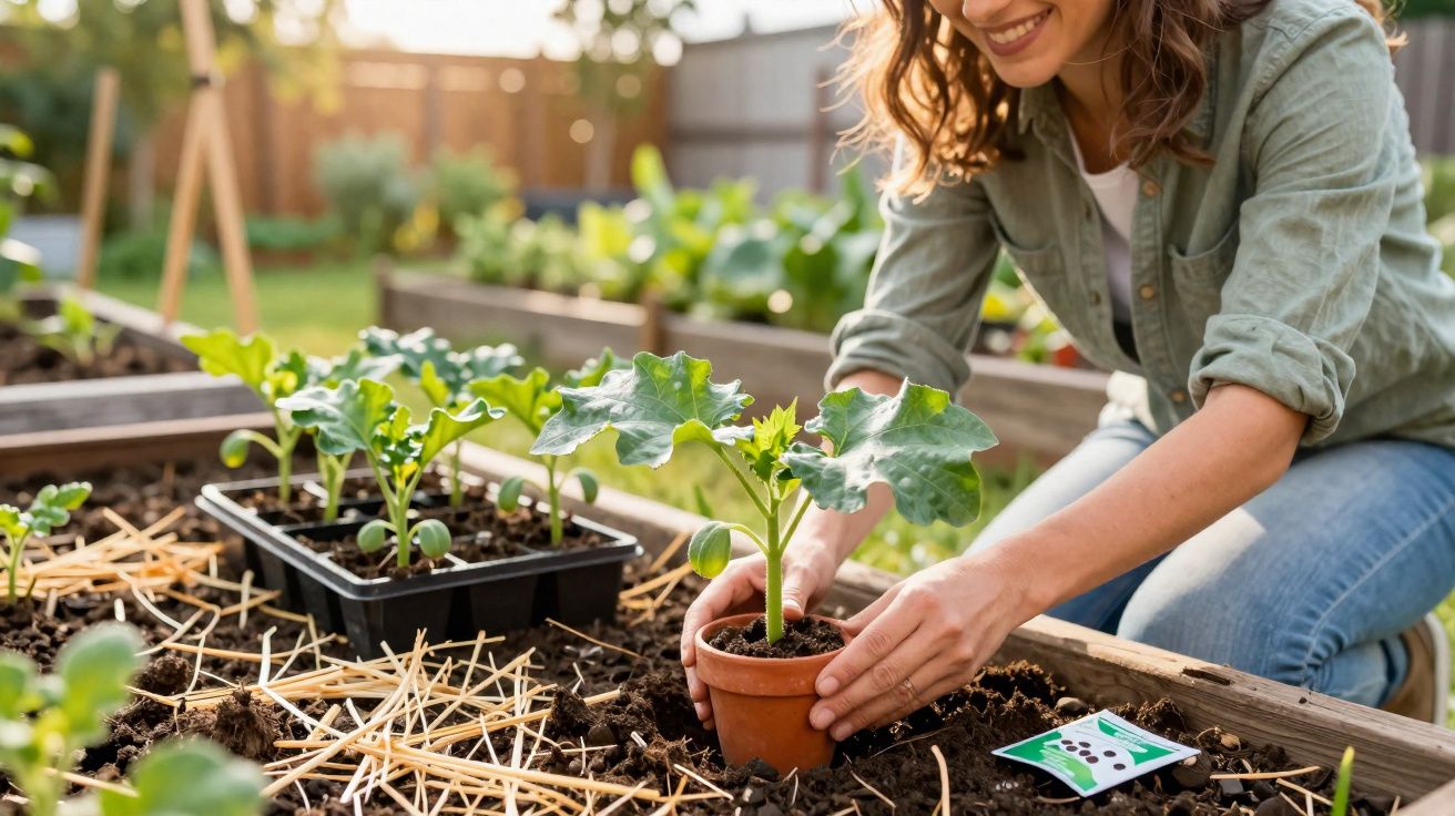 Mulher a plantar muda de planta num vaso num canteiro de jardim, rodeada de outras plantas jovens.